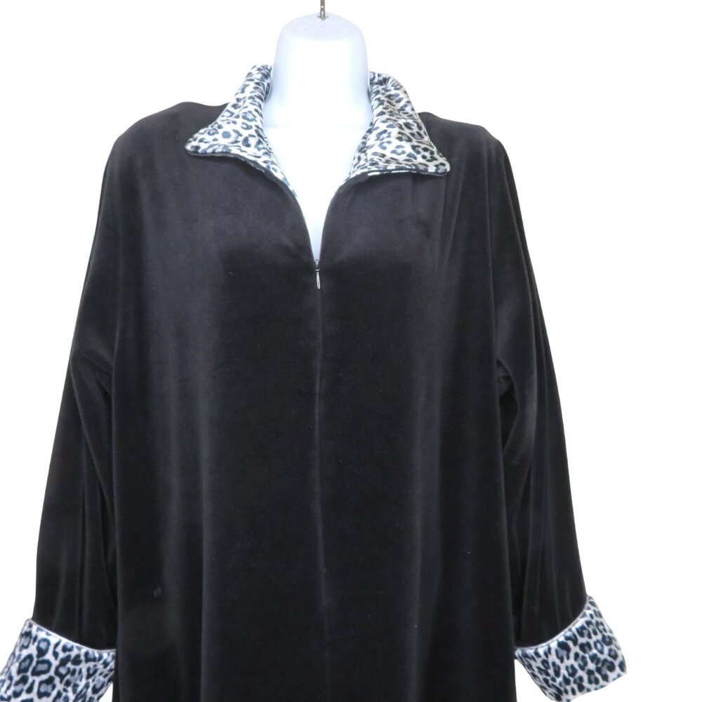 Vintage Neiman Marcus Black Velour Long Robe Leopard Print Collar Cuffs Zip L